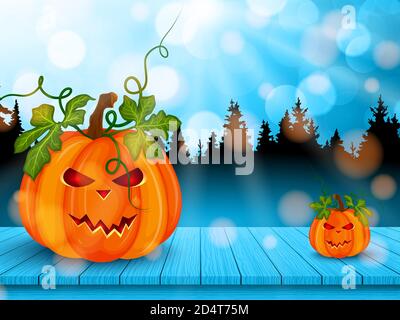 Happy halloween background with pumpkins on wooden table and forest. Vector illustration Stock Vector