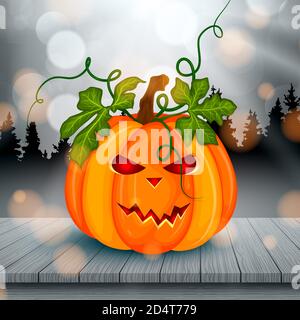 Happy halloween background with pumpkin on wooden table and forest. Vector illustration Stock Vector