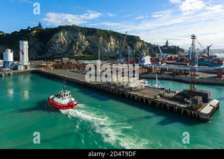 The Port of Napier, New Zealand. Logging and container ships are tied up at the wharves and a tugboat is returning to its berth. March 23 2018 Stock Photo