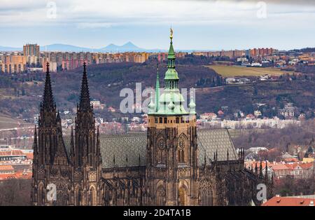 Aerial close up view of e of Metropolitan Cathedral of Saints Vitus with historic buildings from Petrin Hill on the day with Czech Republic Stock Photo
