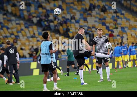 Non Exclusive: KYIV, UKRAINE - OCTOBER 10, 2020 - Players of the national football teams of Ukraine and Germany are seen during the pre-match warm-up Stock Photo