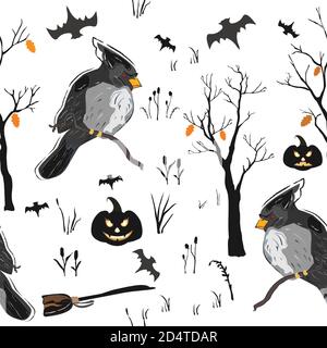 Seamless Pattern with Halloween Characters. Lovely Design. Scandinavian Style. Stock Vector