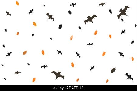 Seamless Halloween Pattern with flying bats and floating leaves on white background. Vector Illustration Stock Vector