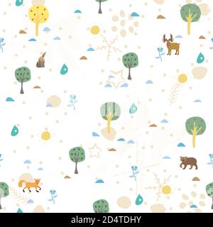 Seamless Summer Pattern with forest animals. For backgrounds, wallpapers, fabric, prints, textiles, wrapping, cards, cover. Stock Vector