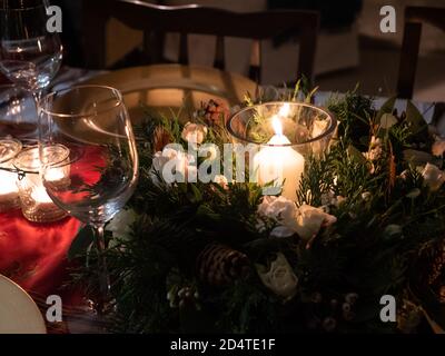 A table beautifully set up for a winter celebration Stock Photo