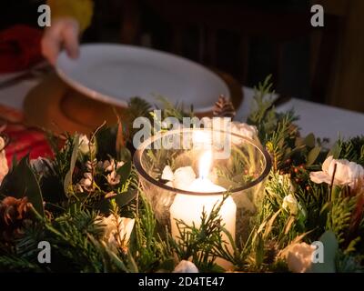 A table beautifully set up for a winter celebration Stock Photo