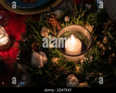 A table beautifully set up for a winter celebration Stock Photo