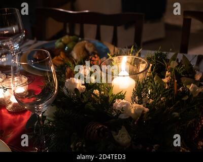 A table beautifully set up for a winter celebration Stock Photo