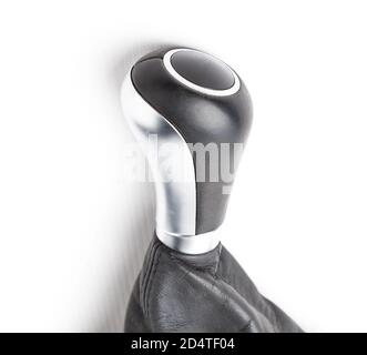 Control panel gear lever with genuine leather elements and black chrome on a white isolated background in a closeup photo studio for sale or for repla Stock Photo