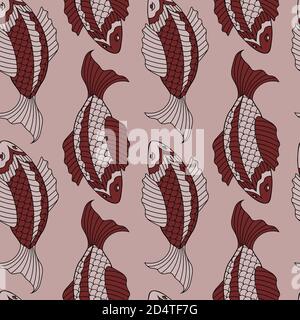 seamless pattern with reb and pink drawing fishes in asian style Stock Vector