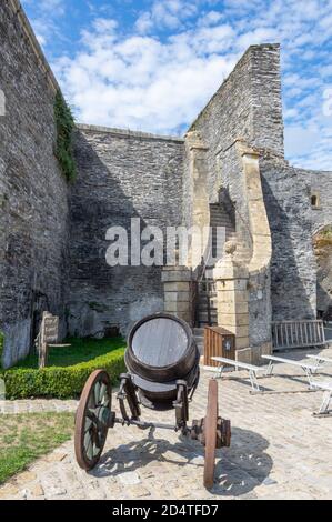 Huge and historic fortified castle - Château de Bouillon - dominates the town of Bouillon in the Belgian province of Luxembourg on the banks of Semois Stock Photo