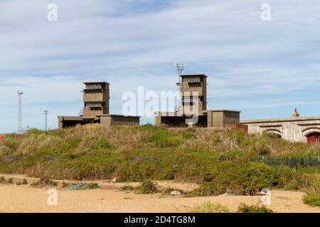 The towers of Landguard Fort, Felixstowe, Suffolk, UK.  The fort was designed to guard the entrance to the port of Harwich. Stock Photo