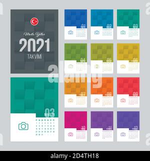 Calendar 2021 vector design with 12 pages and folded paper textured background. Calendar template for Turkey. Stock Vector