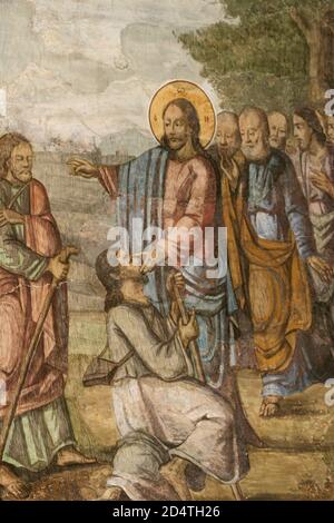 Zamfira Monastery, Romania. 19th century painting by N. Grigorescu. Jesus Christ healing the blind man. Stock Photo