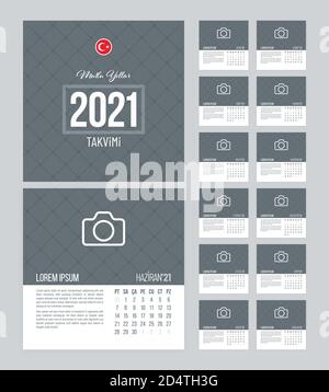 Calendar 2021 vector design with 12 pages and grid textured background. Square calendar template for Turkey. Stock Vector
