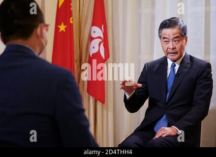 Hong Kong, China. 8th Oct, 2020. Vice Chairman of the National Committee of the Chinese People's Political Consultative Conference Leung Chun-ying, also former chief executive of the Hong Kong Special Administrative Region (HKSAR), speaks in an exclusive interview with Xinhua in Hong Kong, south China, Oct. 8, 2020. Credit: Wang Shen/Xinhua/Alamy Live News Stock Photo