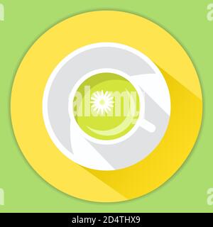 An icon in flat style a vector.A ceramic cup with drink.The top view on a cup beverage with a flower and a saucer. Stock Vector