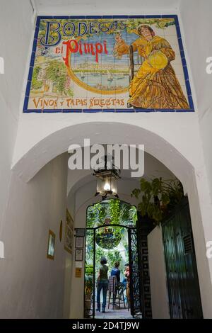 El Pimpi. Entrance of traditional spanish bar, Bodegas, Malaga, Costa del Sol, Andalucia, Spain. Stock Photo