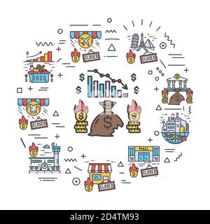 Economic crisis web banner. Infographics with linear icons on white background. Creative idea concept. Isolated outline color illustration Stock Vector