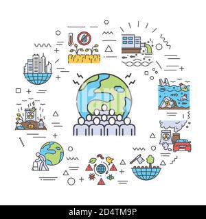 Environmental issues web banner. Infographics with linear icons on white background. Creative idea concept. Isolated outline color illustration. Stock Vector