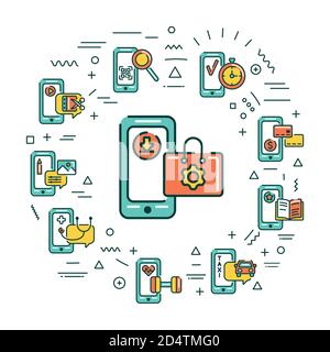 Mobile application in smartphone web banner. Infographics with linear icons on white background. Creative idea concept. Isolated outline color Stock Vector