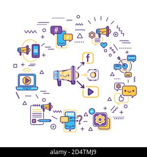 SMM promotion web banner. Infographics with linear icons on white background. Creative idea concept. Isolated outline color illustration. Stock Vector