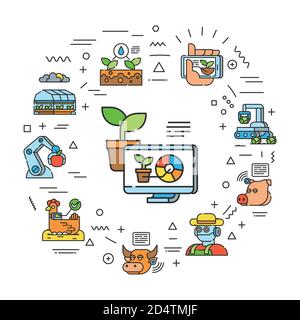 Smart farm web banner. Agricultural management. Infographics with linear icons on white background. Creative idea concept. Isolated outline color Stock Vector