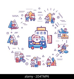 Types tourism web banner. Infographics with linear icons on white background. Creative idea concept. Isolated outline color illustration. Stock Vector