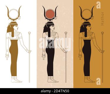 A collection of vector illustrations by the ancient Egyptian goddess Hathor from the ankh. Stock Vector