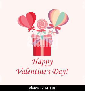 Happy Valentine's Day pink banner. Side view of the composition with a lollipop, gift box and confetti. Vector illustration Stock Vector