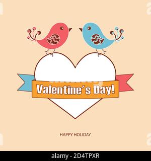 Two love birds are sitting on a white heart, which wraps the ribbon with the name of the holiday. Vector Stock Vector