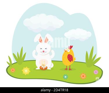 Cute rabbit and chicken. Happy Easter design. Good for holiday card. Flat icon. Vector. Stock Vector