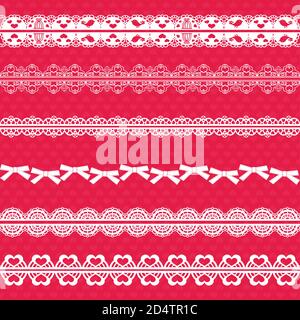 A set of laces. Six white lacy ribbons isolated on a pink background. Vector. Stock Vector