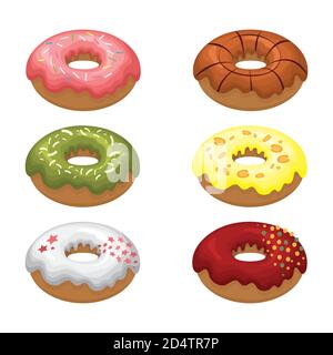 Glazed colored donuts install 3D. Vector illustration on white isolated background. Stock Vector