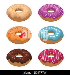 Glazed colored donuts install 3D. Vector illustration on white isolated background Stock Vector