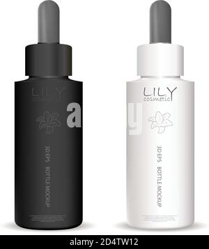 Dropper bottles black and white set for different cosmetic or medical products. 3d vector containers with sample logo and label. Stock Vector