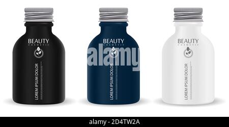 Screw cap cosmetic bottles mockup package. 3d Vector packaging design for cosmetics or oil, water, drink, medicine supplements. Stock Vector