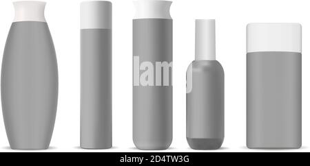 Cosmetic bottles mockup pack. Set of modern shape cosmetic products packaging containers for different products. 3d illustration Stock Vector