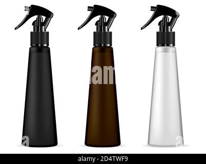 Dispenser spray cosmetic bottle mockup. Realistic 3d container template with pistol cprayer head for different skin or hair care products. 3d vector d Stock Vector