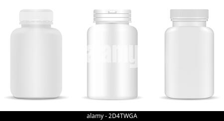 Medical bottles set. White containers for drugs, pills, supplements. 3d jar vector illustration. Stock Vector