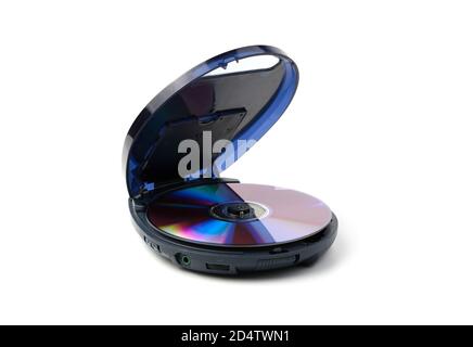 An open old CD player with a disk is isolated on a white background. Stock Photo