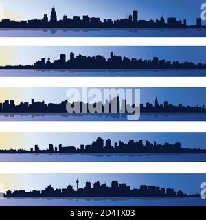 Set of five urban blue silhouettes, city, vector. Stock Vector