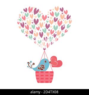 A sweet blue bird flies in a balloon in the form of multi-colored hearts. Vector illustration. Stock Vector