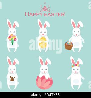 Set of cartoon Easter bunnies with various variations. Vector illustration Stock Vector