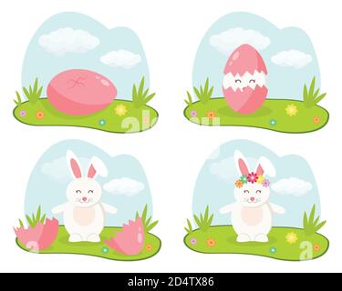 White Easter bunny on the lawn that hatched their pink egg. In vector illustrations Stock Vector