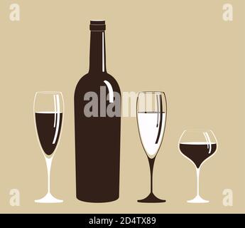 Bottle and glass of wine. Alcoholic drink.Isolated on grey background. Stock Vector