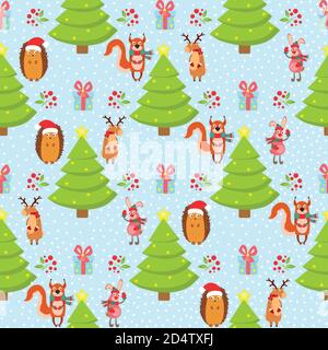 Christmas patr n on a blue background, hare, fox, hedgehog, deer. Stock Vector