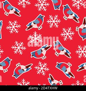 Vector seamless pattern with bullfinches on a red background with snowflakes Stock Vector