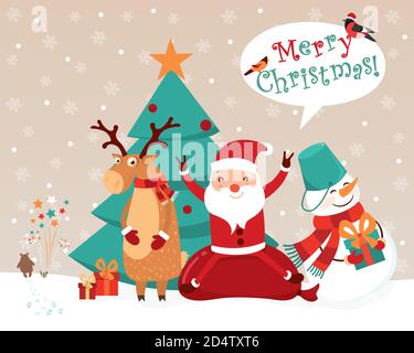 Christmas card with funny cartoon characters. A snowman with a bucket, Santa on a sack with gifts, a deer in a scarf and mittens, a bear launching Stock Vector