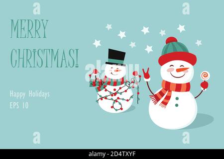 Funny two cartoon snowman, vector illustration with a snowman in top hat and hat Stock Vector